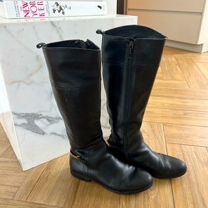 Tory Burch Black Tall Leather Riding Boots with Gold Buckle - Size 8